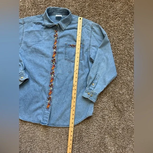 Style Studio Vintage Look Denim Chambray Fall Pumpkin Autumn Shirt Top - Picture 5 of 7